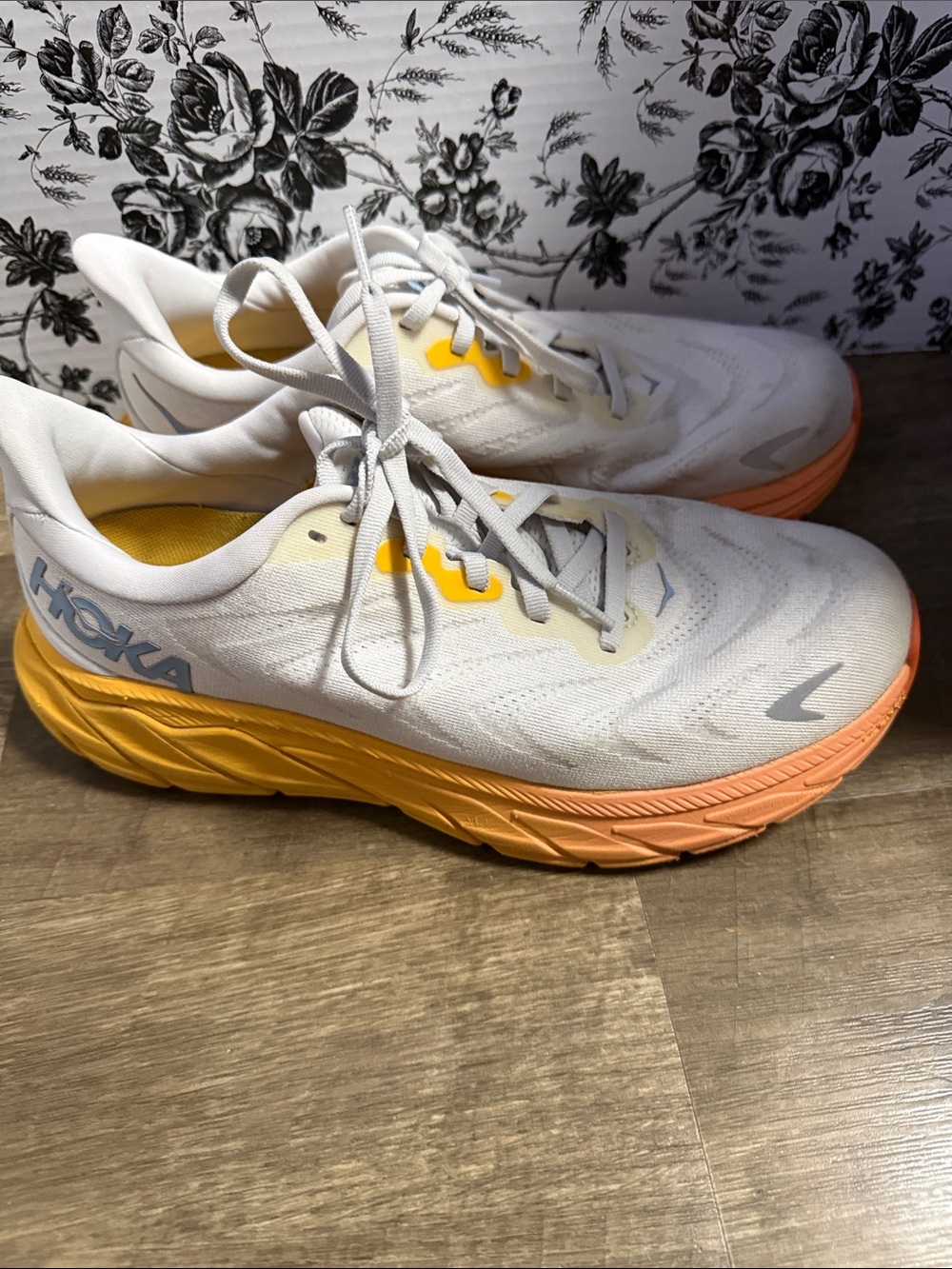 Hoka Women's White Running Shoes with Yellow and Peach Gradient Midsole